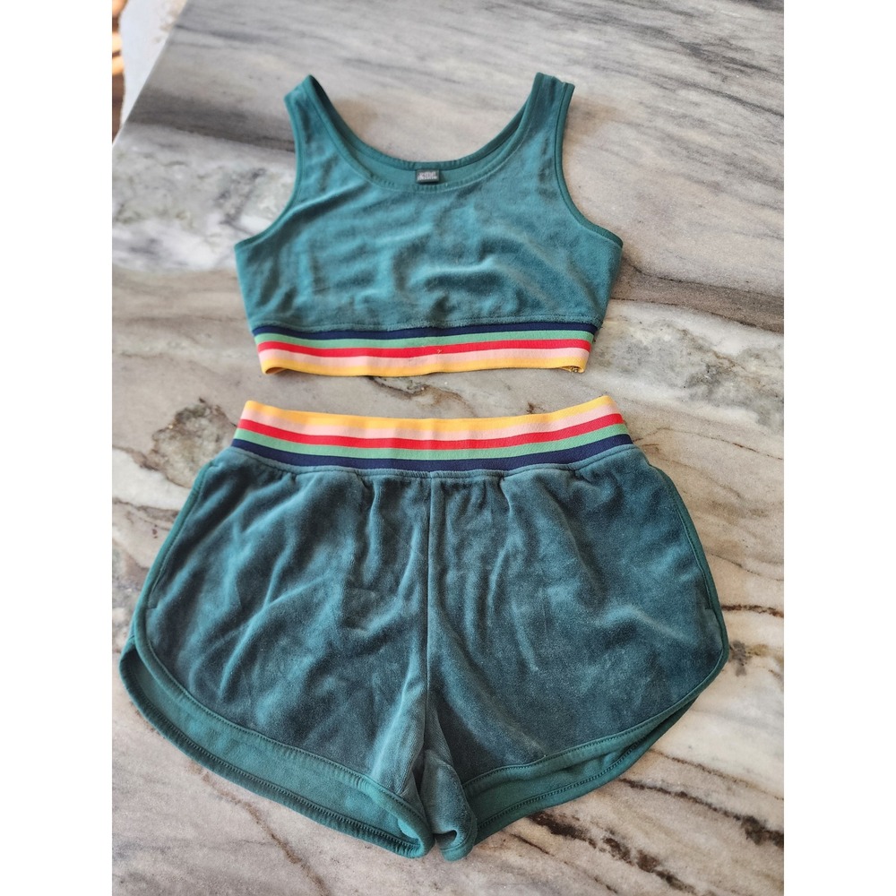 Wild Fable Womens XS Teal Velour Two Piece Set Rainbow Trim Crop Top Shorts Set